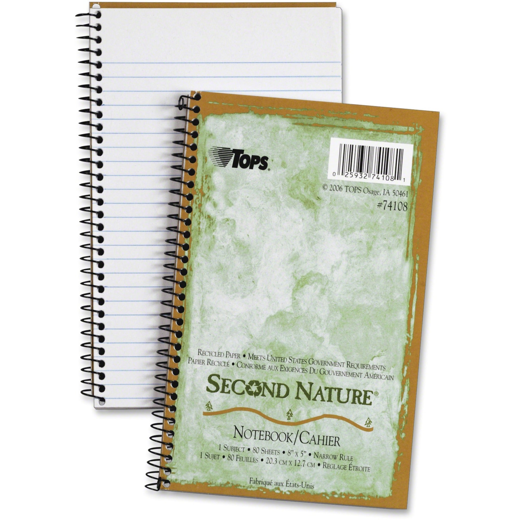 80 Sheets - Wire Bound - 15 lb Basis Weight - 8" x 5" Sheet Size - White Paper - Green Cover - Perforated - Recycled - 1 Each