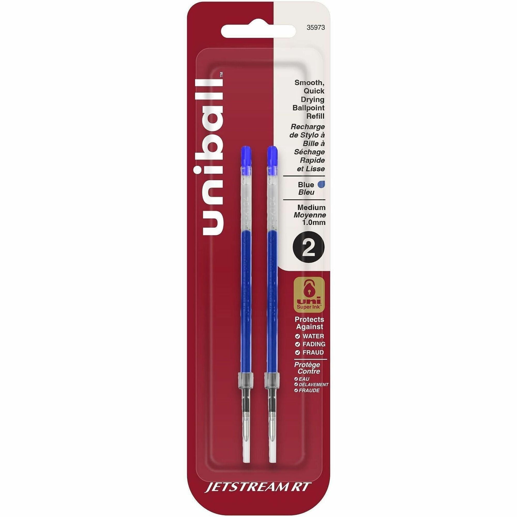uniball™ Jetstream RT Ballpoint Pen Refills - 1 mm , Medium Point - Blue Ink - Super Ink, Water Resistant Ink, Fade Resistant, Fraud Resistant - 2 / Pack
