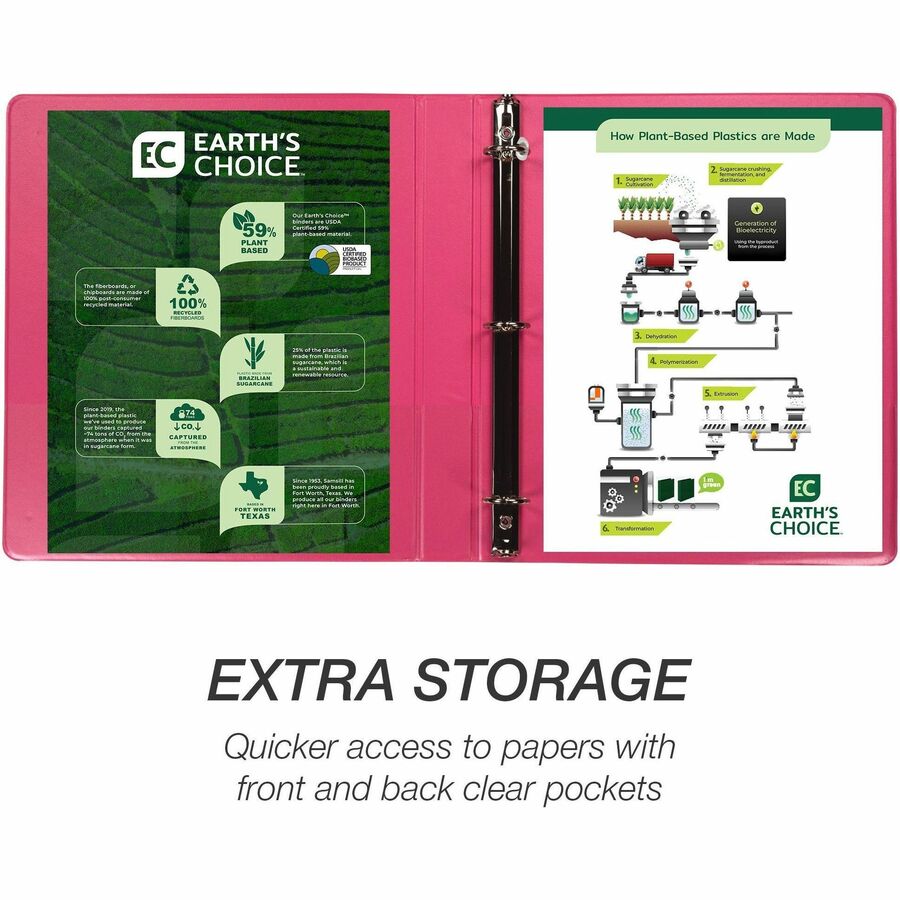 Samsill Earth's Choice Plant-based View Binders, 1" Capacity, Letter Size, 3 Round Rings, 2 Internal Pockets, Berry Pink, Durable, Clear Overlay, Recycled, 2 Pack