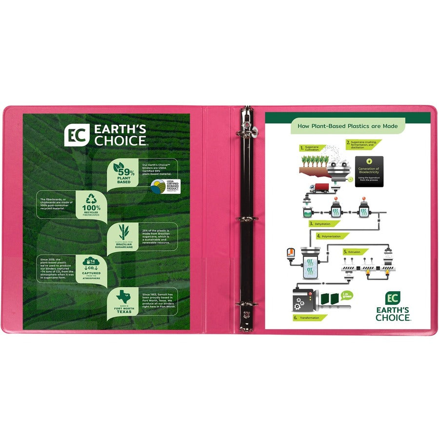 Samsill Earth's Choice Plant-based View Binders, 1" Capacity, Letter Size, 3 Round Rings, 2 Internal Pockets, Berry Pink, Durable, Clear Overlay, Recycled, 2 Pack