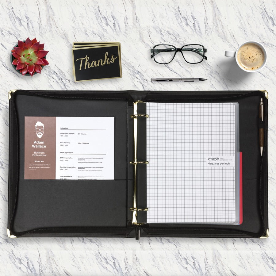 Samsill Classic Professional Binder - 3 Ring Binder with 1.5 Inch Brass Round Rings and Zipper Closure - Portfolio Binder - Brass Corner Accents - Black