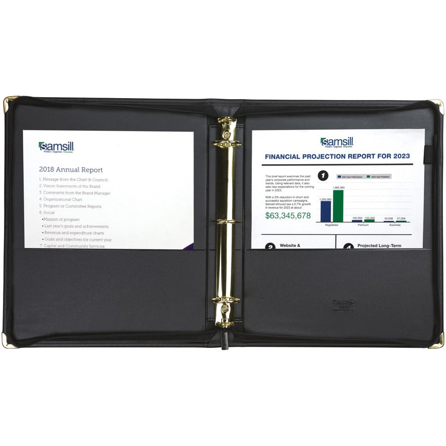 Samsill Classic Professional Binder - 3 Ring Binder with 1.5 Inch Brass Round Rings and Zipper Closure - Portfolio Binder - Brass Corner Accents - Black