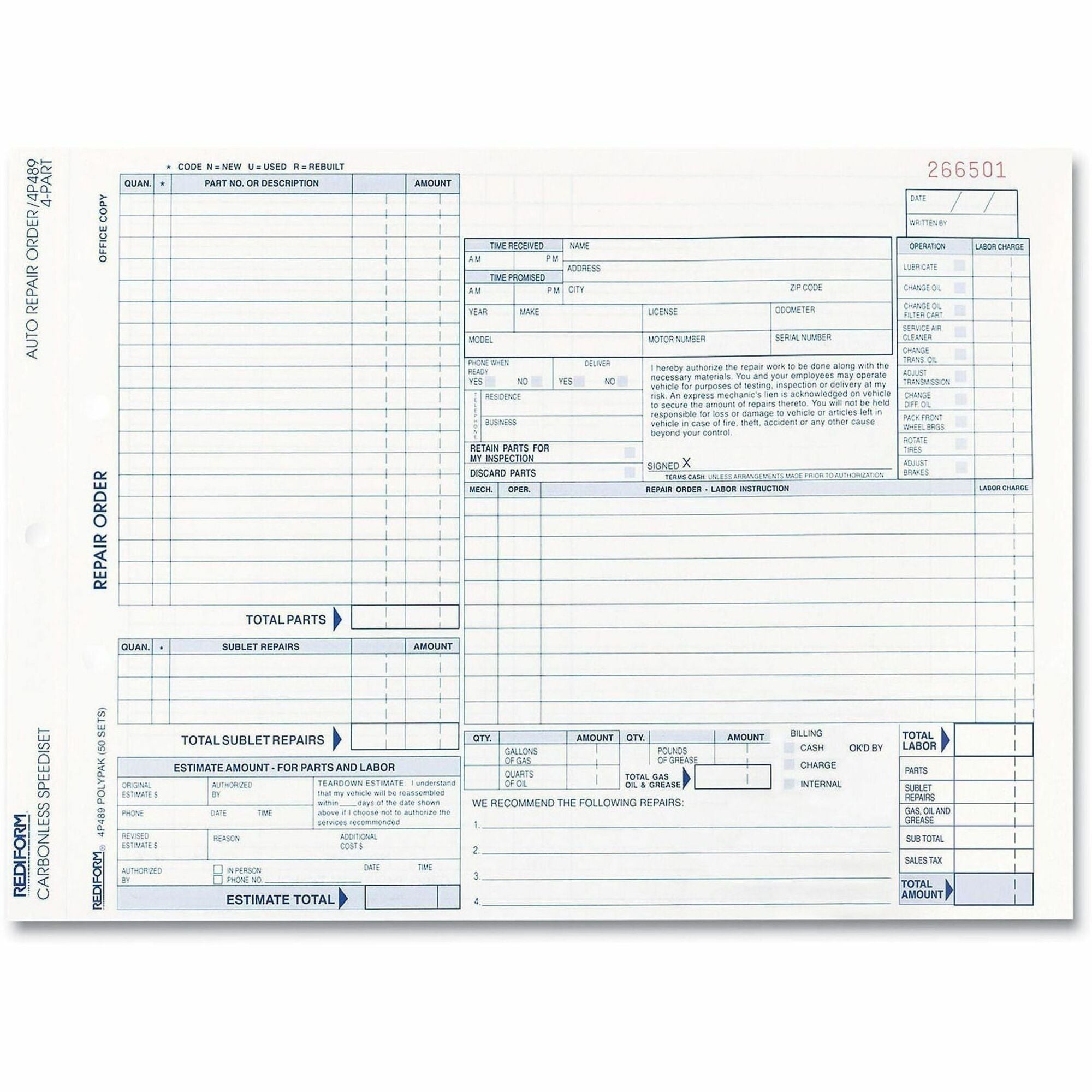 4 Part - Carbonless Copy - 8.50" x 11" Form Size - 50 Set
