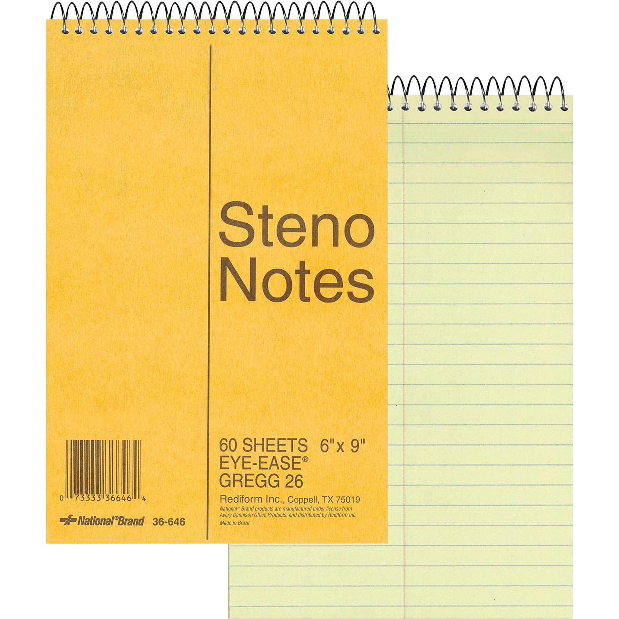 60 Sheets - Wire Bound - Light Blue Margin - 16 lb Basis Weight - 6" x 9" Sheet Size - Green Paper - Brown Cover - Unpunched, Subject - 1 Each