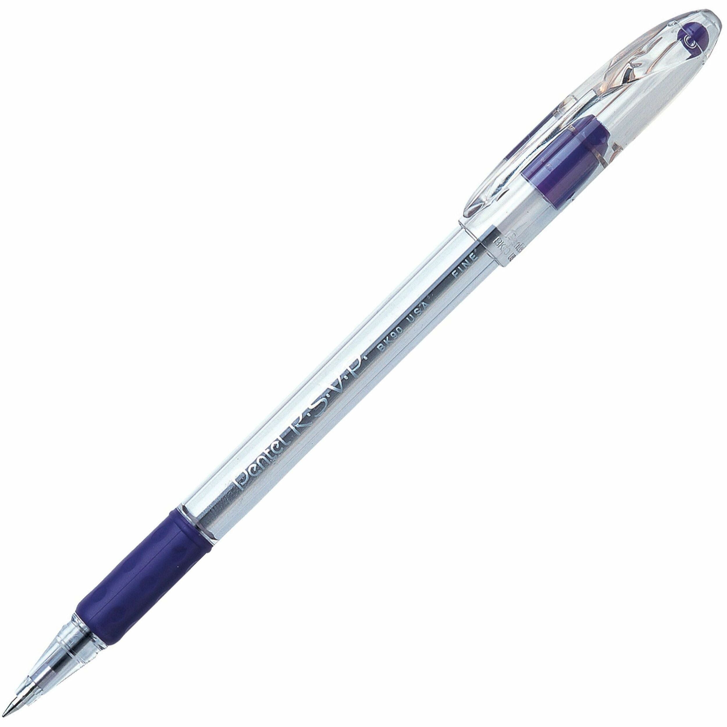 Pentel R.S.V.P. Ballpoint Stick Pens - 0.7 mm Fine Pen Point - Refillable - Violet Ink - Clear Barrel - 1 Dozen