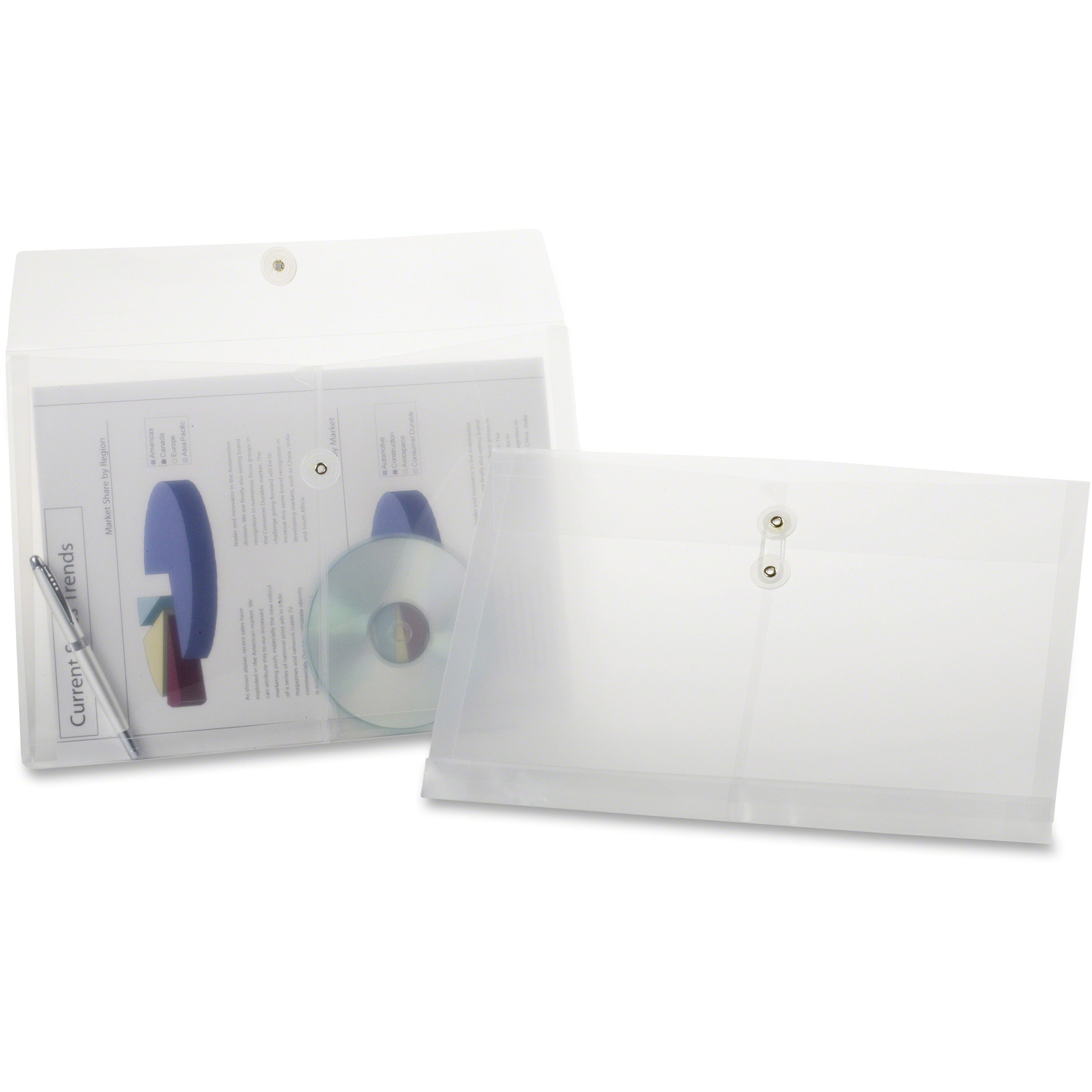 8 1/2" x 14" - 200 Sheets Capacity - 1" Expansion - Clear - Flap and Cord Closure, Translucent, Wear Resistant, Tear Resistant, Moisture Resistant, String/Button, Durable - 3 / Pack