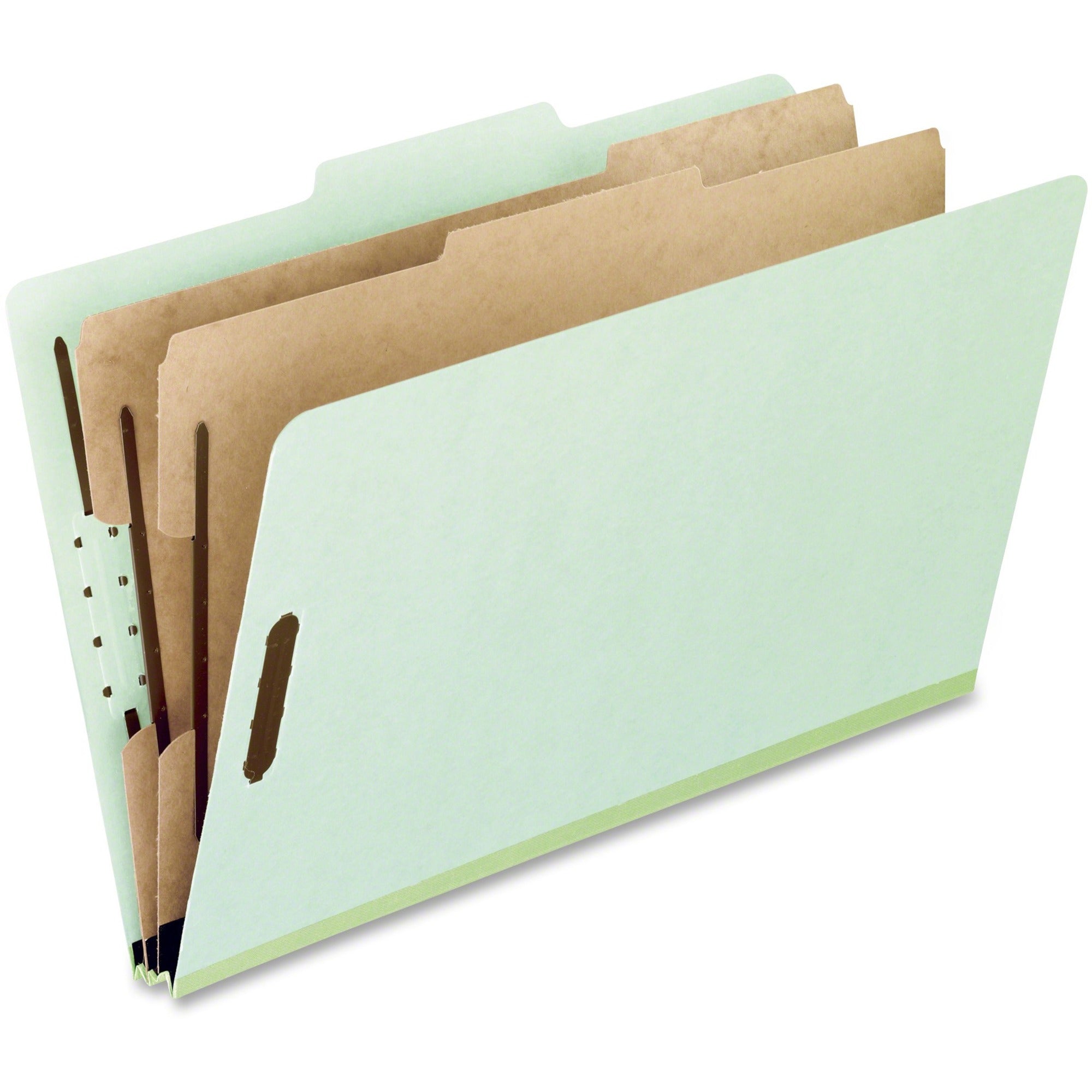 8 1/2" x 11" - 2" Expansion - 6 Fastener(s) - Top Tab Location - Right of Center Tab Position - 2 Divider(s) - 25 pt. - Pressboard - Light Green - 65% Recycled - 10 / Box