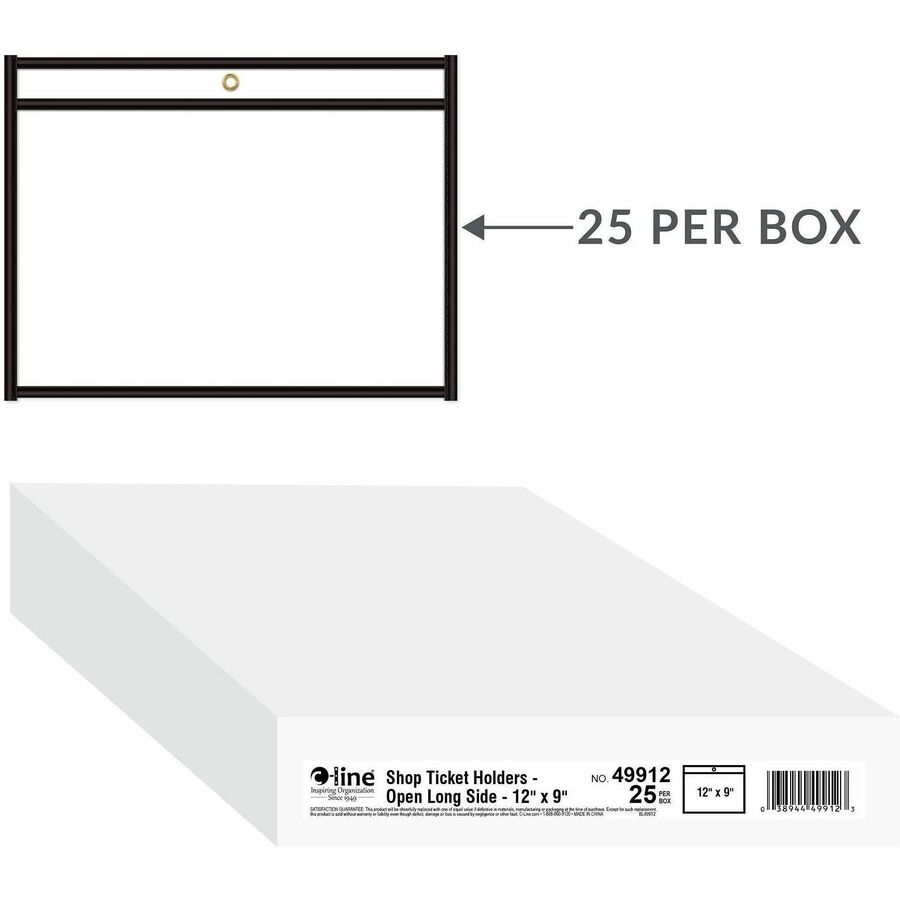 C-Line Side Load Stitched Shop Ticket Holders - Support 9" x 12" Media - Vinyl - Black, Clear - Sturdy, Reinforced, Heavyweight - 25 / Box