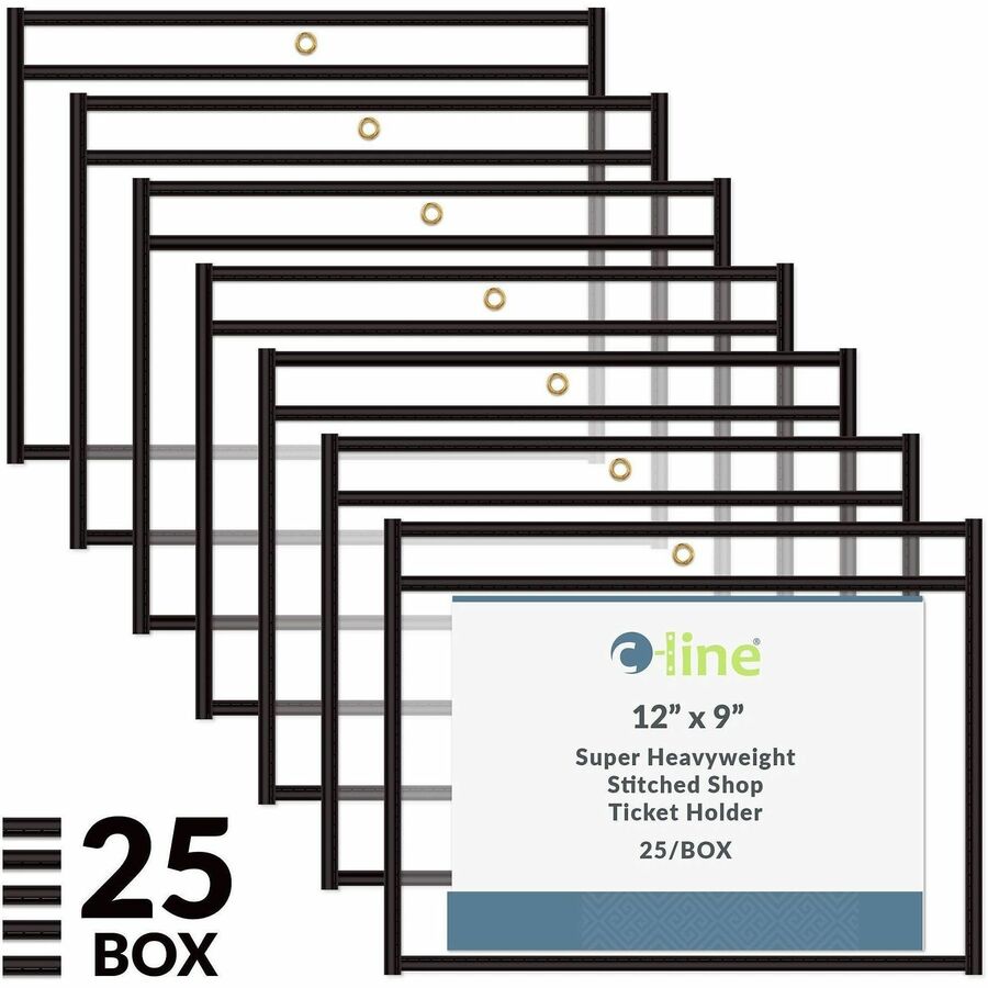 C-Line Side Load Stitched Shop Ticket Holders - Support 9" x 12" Media - Vinyl - Black, Clear - Sturdy, Reinforced, Heavyweight - 25 / Box