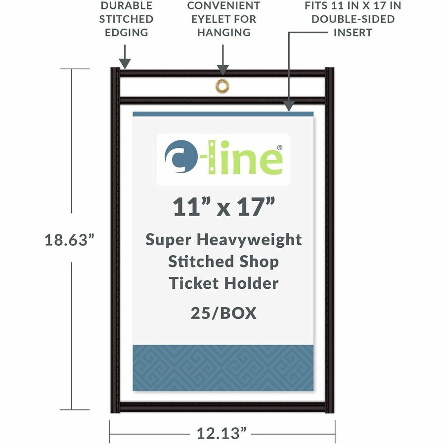 C-Line Stitched Vinyl Shop Ticket Holders - Support 11" x 17" Media - Vinyl - Black, Clear - Sturdy, Heavyweight - 25 / Box