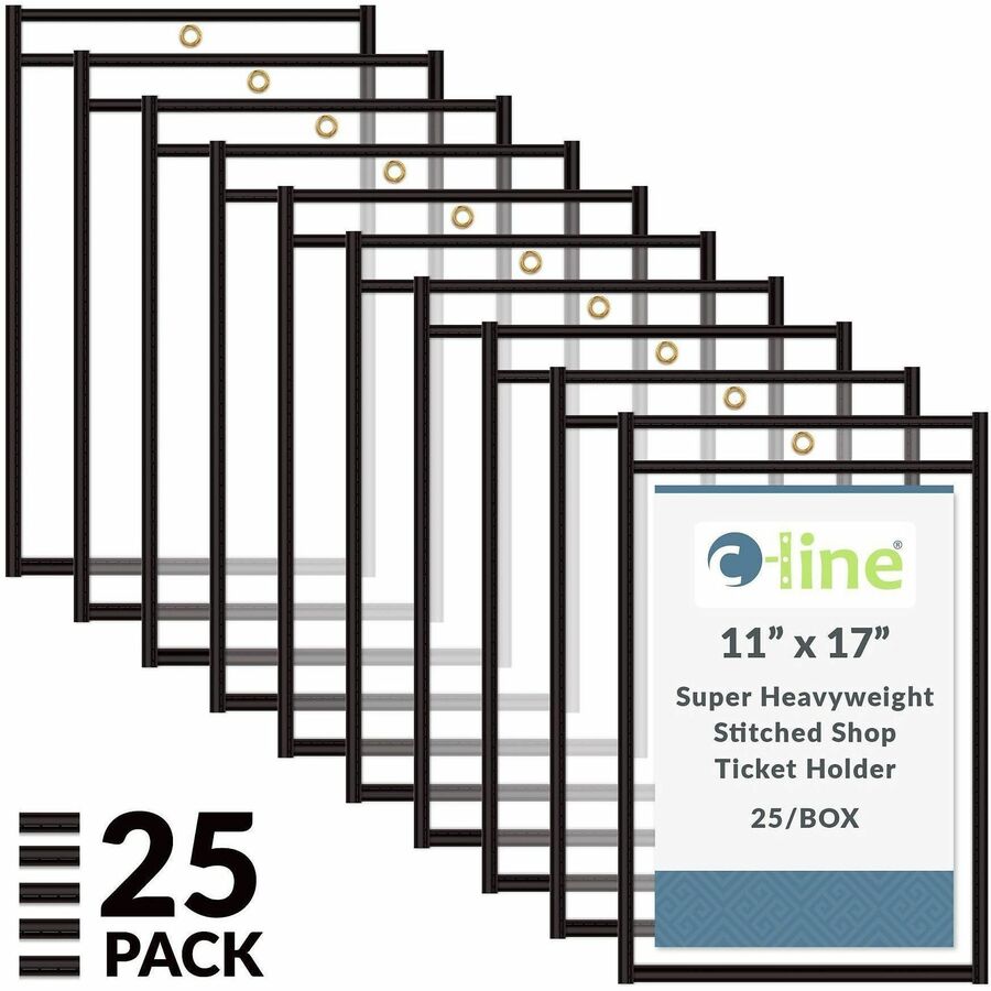 C-Line Stitched Vinyl Shop Ticket Holders - Support 11" x 17" Media - Vinyl - Black, Clear - Sturdy, Heavyweight - 25 / Box