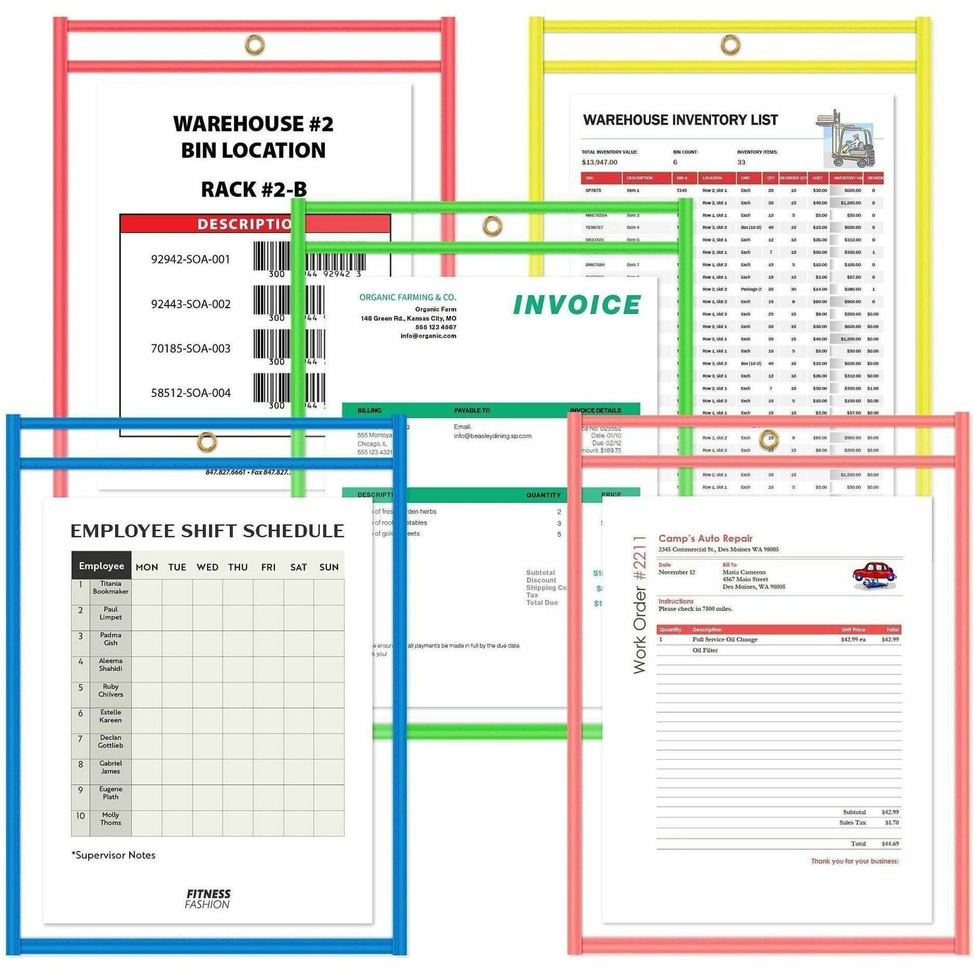C-Line Neon Colored Stitched Shop Ticket Holders - Support 9" x 12" Media - Vinyl - Clear, Assorted - 10 / Pack