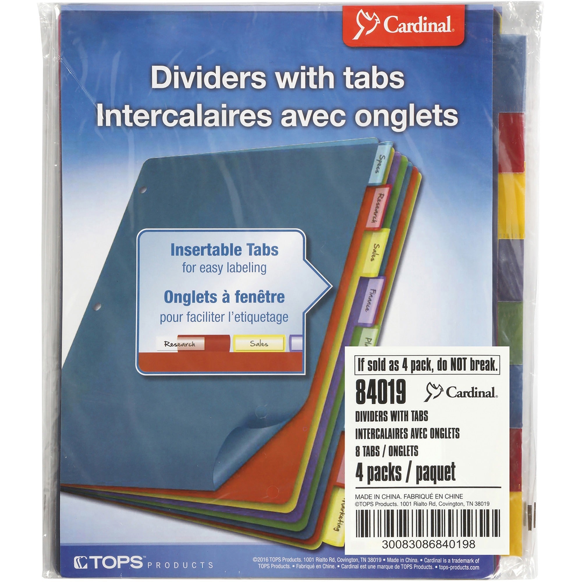Cardinal&reg; Extra-tough Poly Dividers - 8 Tab(s)/Set - Letter - 8.50" Width x 11" Length - 3 Hole Punched - Polypropylene Divider - Multicolor Tab(s) - Fray Resistant, Tear Resistant, Scratch Resistant, Transfer Safe, Insertable Tab - 4 / Pack