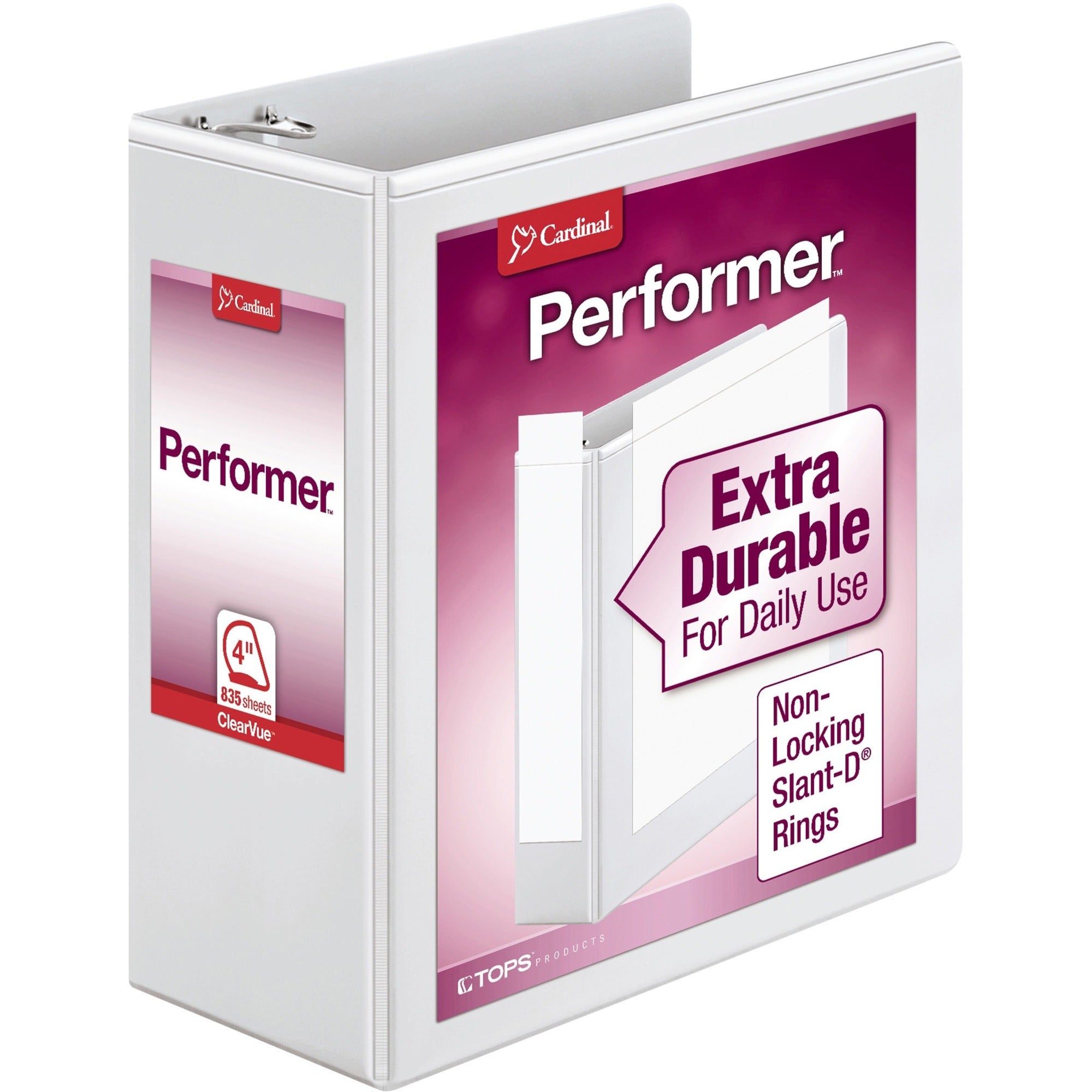 Cardinal Performer ClearVue Slant-D Ring Binder, 4" Capacity, 835 Sheet, 3 Rings, 2 Inside Pockets, Letter Size, White, 1 Each