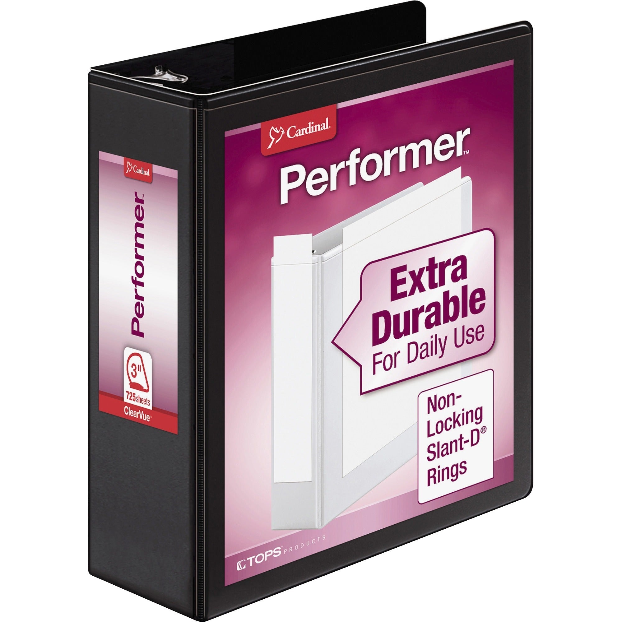 Cardinal Performer ClearVue Slant-D Ring Binder, 3" Capacity, 725 Sheet, Letter Size, 3 D-Rings, 2 Inside Pockets, Black, 1 Each