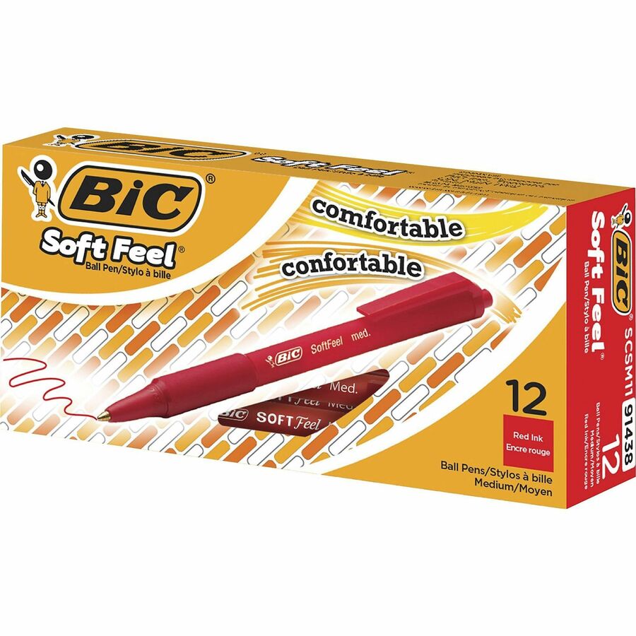 BIC SoftFeel Retractable Ball Pens - 0.8 mm Medium Pen Point - Retractable - Red Ink - Red Rubber Barrel - 1 Dozen