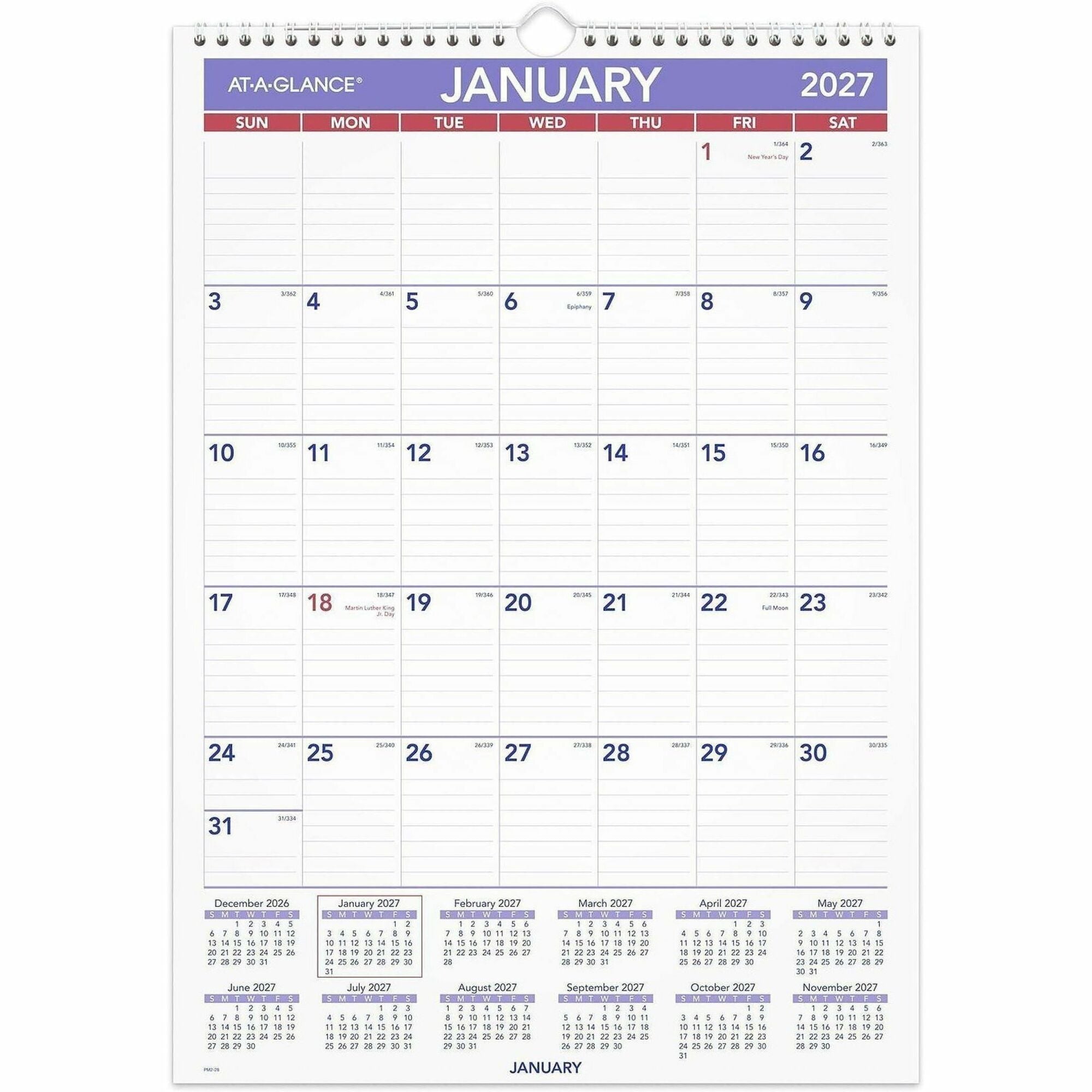 At-A-Glance Wall Calendar, Medium, Monthly, 12 Months (Jan-Dec 2026), 1 Month Per Page, 12" x 17", White Sheets, Wire Bound, Multicolor (White/Blue/Red), Chipboard/Paper, Bleed Resistant, 1 Each