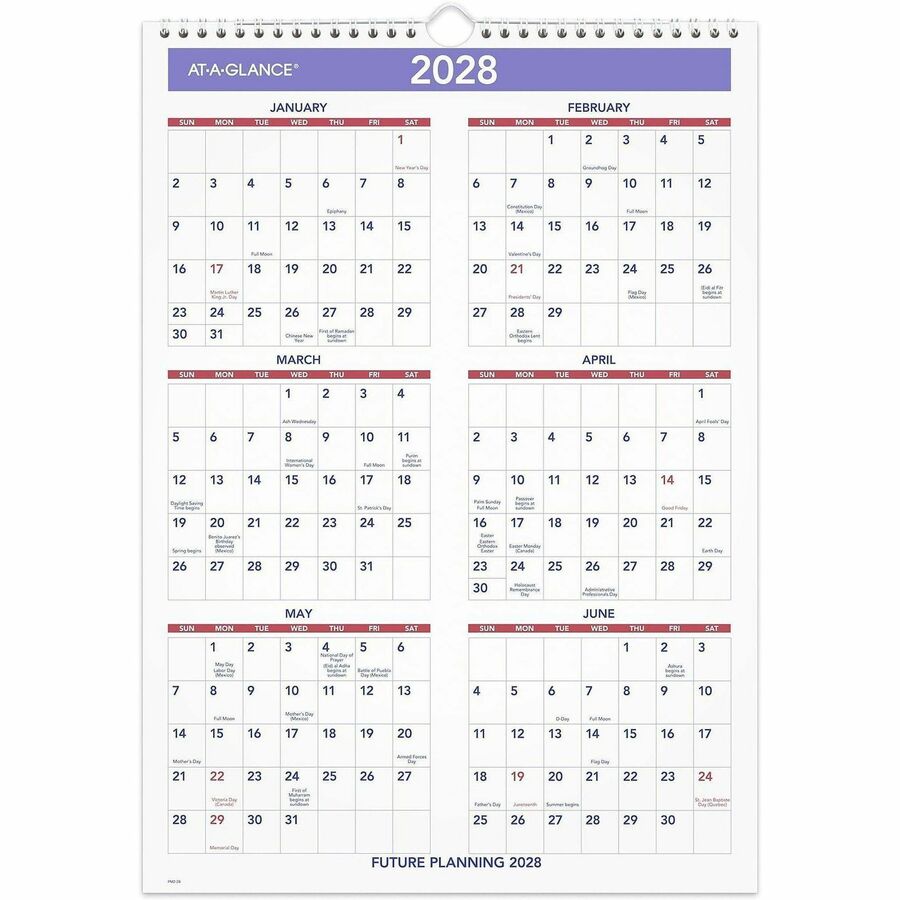 At-A-Glance Wall Calendar, Medium, Monthly, 12 Months (Jan-Dec 2026), 1 Month Per Page, 12" x 17", White Sheets, Wire Bound, Multicolor (White/Blue/Red), Chipboard/Paper, Bleed Resistant, 1 Each
