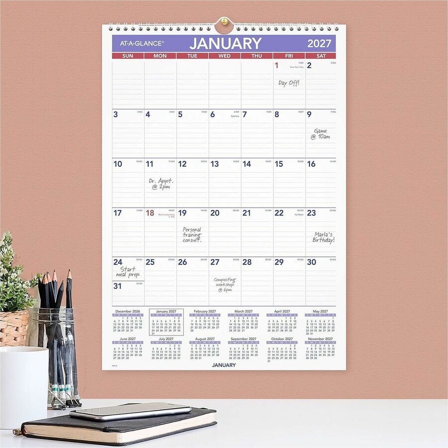 At-A-Glance Wall Calendar, Medium, Monthly, 12 Months (Jan-Dec 2026), 1 Month Per Page, 12" x 17", White Sheets, Wire Bound, Multicolor (White/Blue/Red), Chipboard/Paper, Bleed Resistant, 1 Each