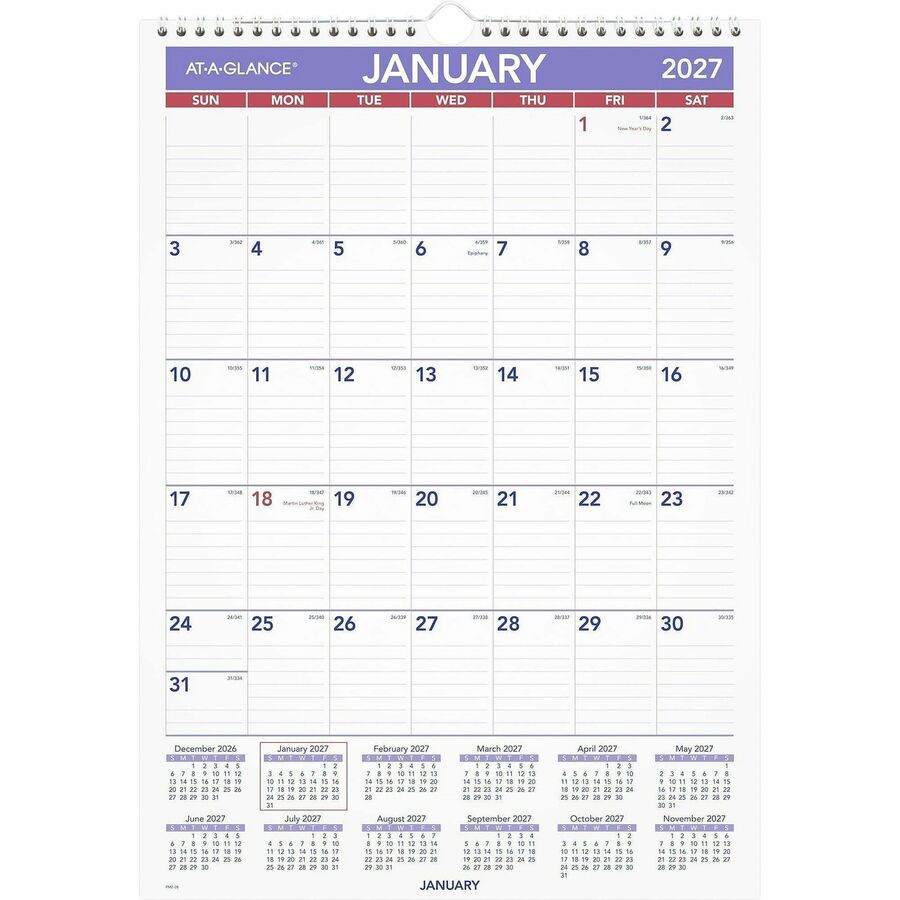 At-A-Glance Wall Calendar, Medium, Monthly, 12 Months (Jan-Dec 2026), 1 Month Per Page, 12" x 17", White Sheets, Wire Bound, Multicolor (White/Blue/Red), Chipboard/Paper, Bleed Resistant, 1 Each