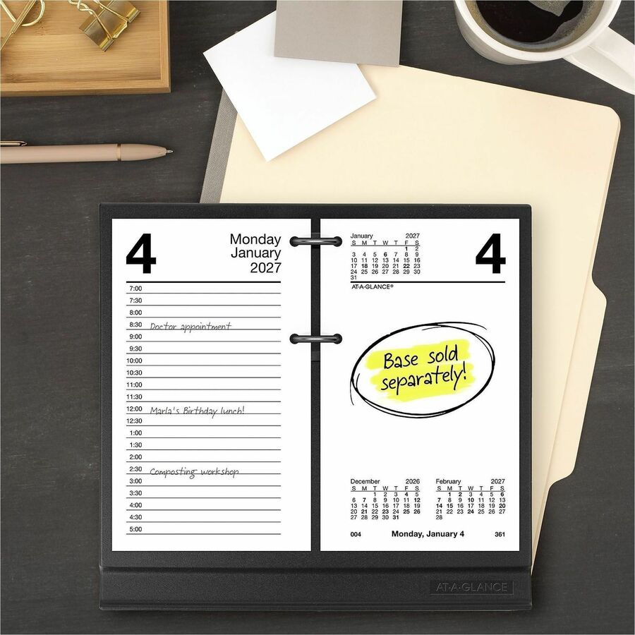 At-A-Glance Loose-Leaf Desk Calendar Refill, Daily, 12 Months, January 2026–December 2026, 3 1/2" x 6", 2-Ring, White/Black, 1 Each