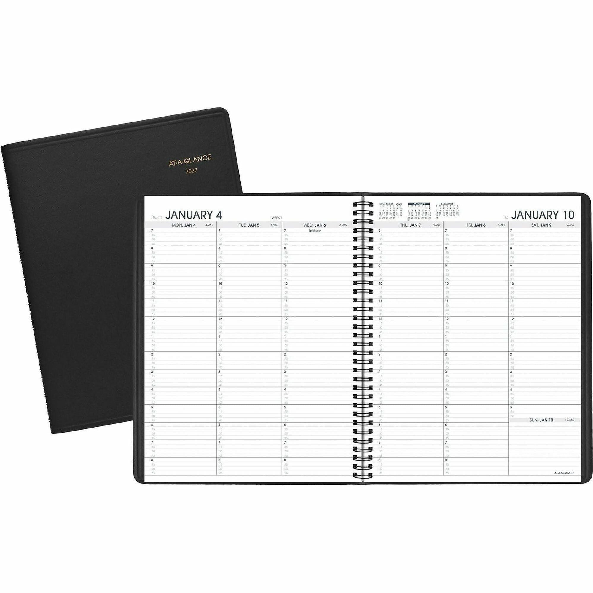 At-A-Glance Appointment Book Planner, Large, Weekly, 1 Year (Jan 2026-Jan 2027), 7:00 AM-8:45 PM, Quarter-hourly, 8 1/4" x 11", White Sheets, Wire Bound, Black, Double Pocket, Ruled, Bleed Resistant, 1 Each