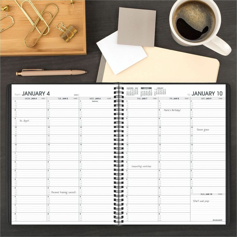 At-A-Glance Appointment Book Planner, Large, Weekly, 1 Year (Jan 2026-Jan 2027), 7:00 AM-8:45 PM, Quarter-hourly, 8 1/4" x 11", White Sheets, Wire Bound, Black, Double Pocket, Ruled, Bleed Resistant, 1 Each