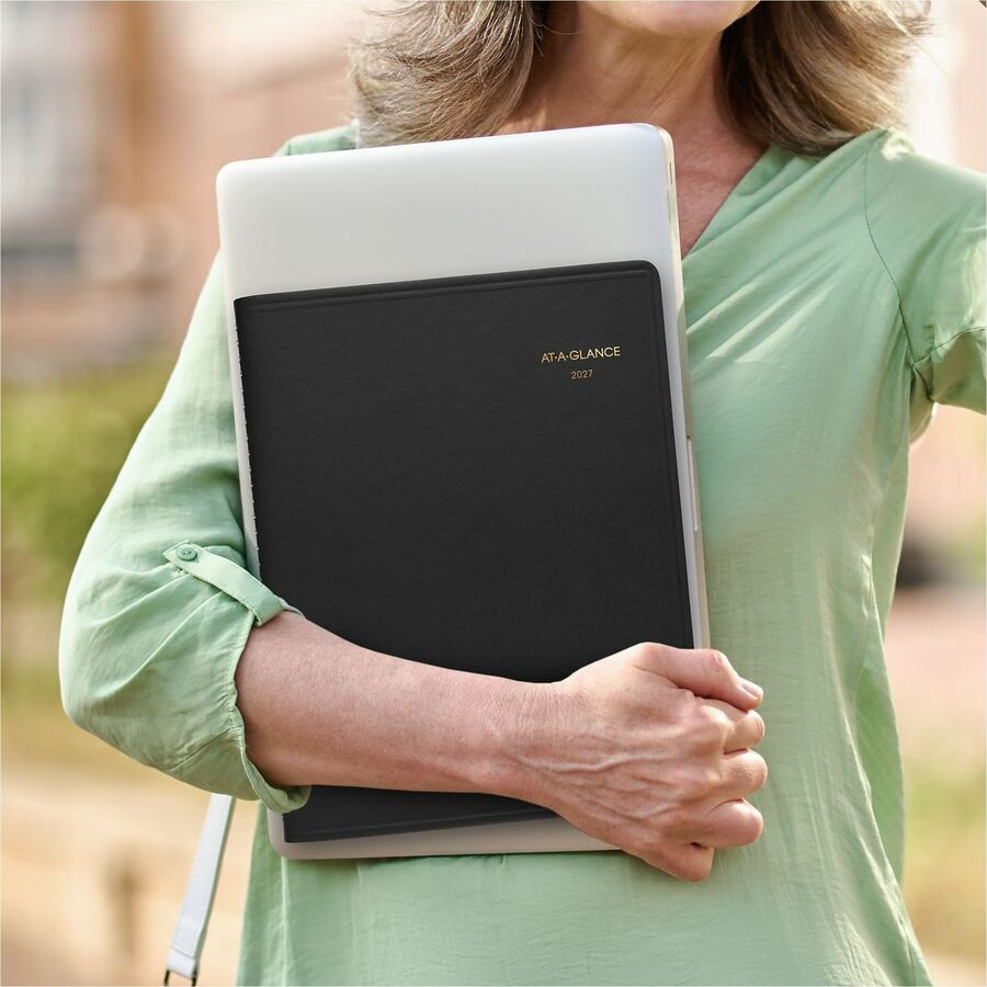 At-A-Glance Appointment Book Planner, Large, Weekly, 1 Year (Jan 2026-Jan 2027), 7:00 AM-8:45 PM, Quarter-hourly, 8 1/4" x 11", White Sheets, Wire Bound, Black, Double Pocket, Ruled, Bleed Resistant, 1 Each
