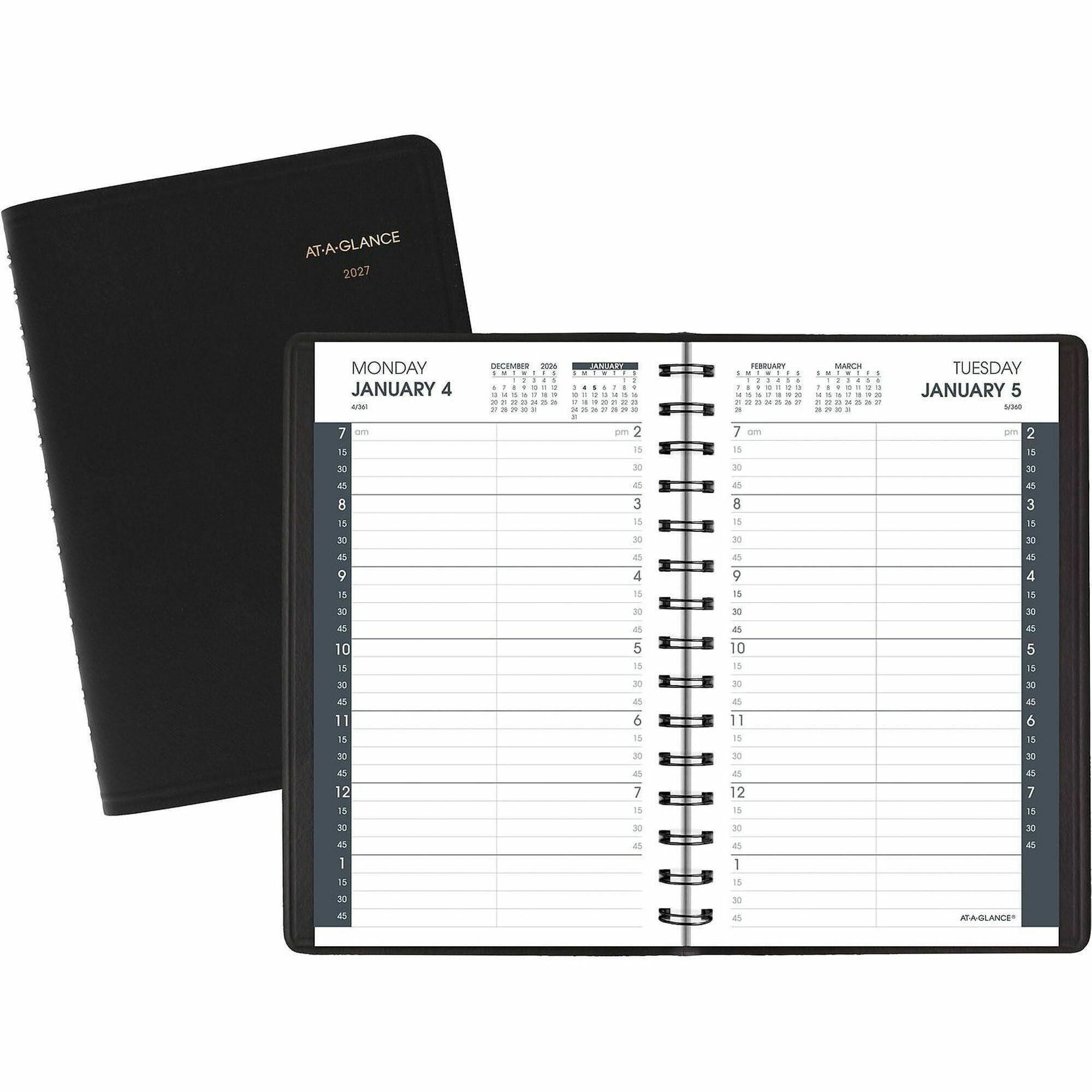 At-A-Glance Appointment Book Planner, Small, Daily, 12 Months (Jan-Dec 2026), 7:00 AM-7:45 PM, Quarter-hourly, 1 Day/Page, 5" x 8", White Sheets, Wire Bound, Black Faux Leather, Double Pocket, 1 Each