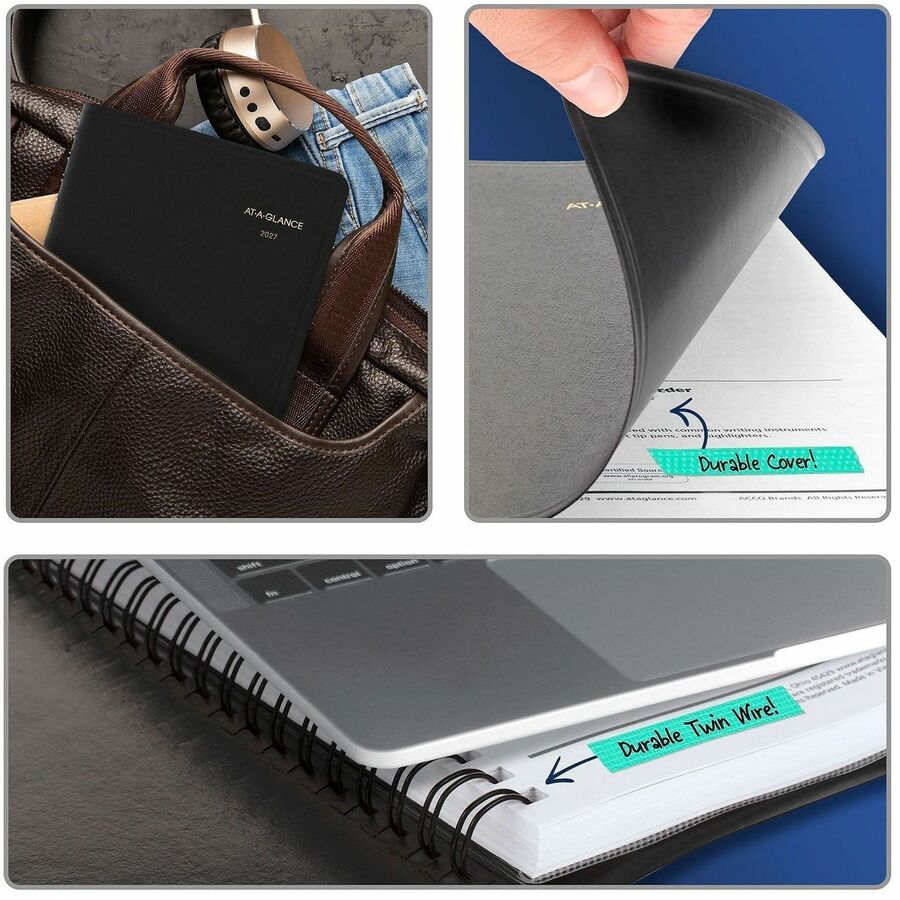 At-A-Glance Appointment Book Planner, Small, Daily, 12 Months (Jan-Dec 2026), 7:00 AM-7:45 PM, Quarter-hourly, 1 Day/Page, 5" x 8", White Sheets, Wire Bound, Black Faux Leather, Double Pocket, 1 Each