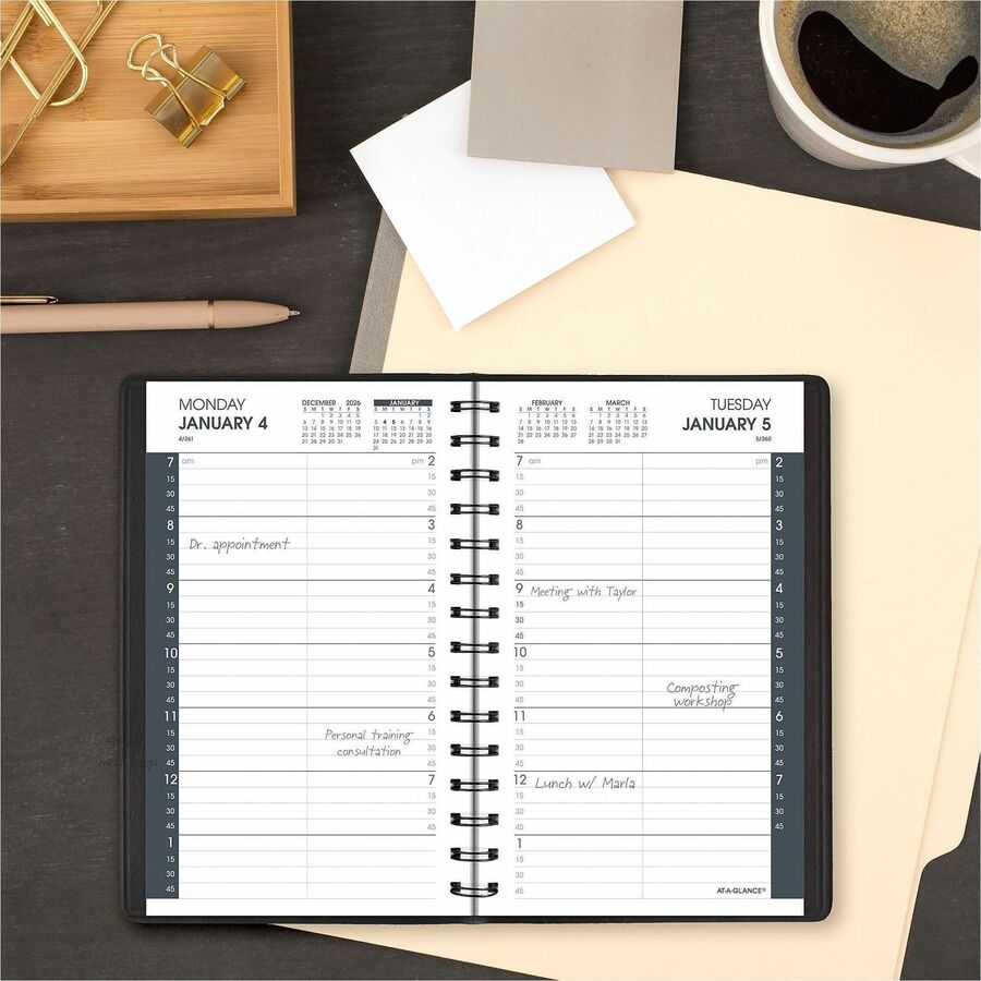 At-A-Glance Appointment Book Planner, Small, Daily, 12 Months (Jan-Dec 2026), 7:00 AM-7:45 PM, Quarter-hourly, 1 Day/Page, 5" x 8", White Sheets, Wire Bound, Black Faux Leather, Double Pocket, 1 Each