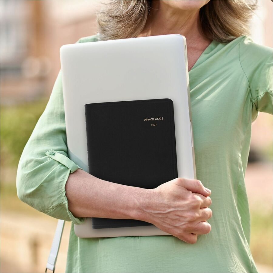 At-A-Glance Appointment Book Planner, Small, Daily, 12 Months (Jan-Dec 2026), 7:00 AM-7:45 PM, Quarter-hourly, 1 Day/Page, 5" x 8", White Sheets, Wire Bound, Black Faux Leather, Double Pocket, 1 Each