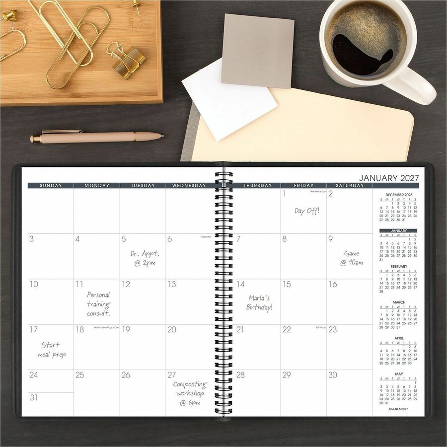 At-A-Glance Large Monthly Planner, 15-Month, January 2026–March 2027, 9" x 11", Wire Bound, Faux Leather Black Cover, White Sheets, Double Pocket, 1 Each