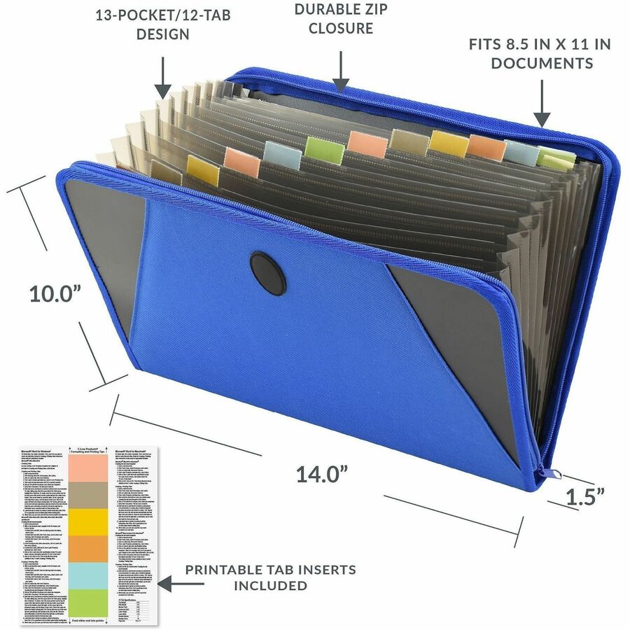 C-Line Letter Expanding File - 8 1/2" x 11" - 300 Sheets Capacity - 13 Pocket(s) - Blue - Zipper Closure - 1 Each