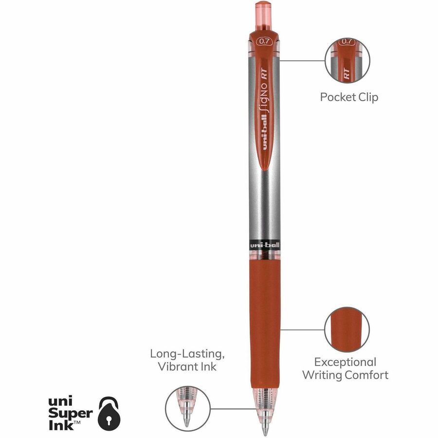 uniball™ SigNo RT Gel Ink Pens - 0.7 mm Medium Pen Point - Refillable - Retractable - Red Ink - Gel-based - Red Metal Barrel - 1 Each