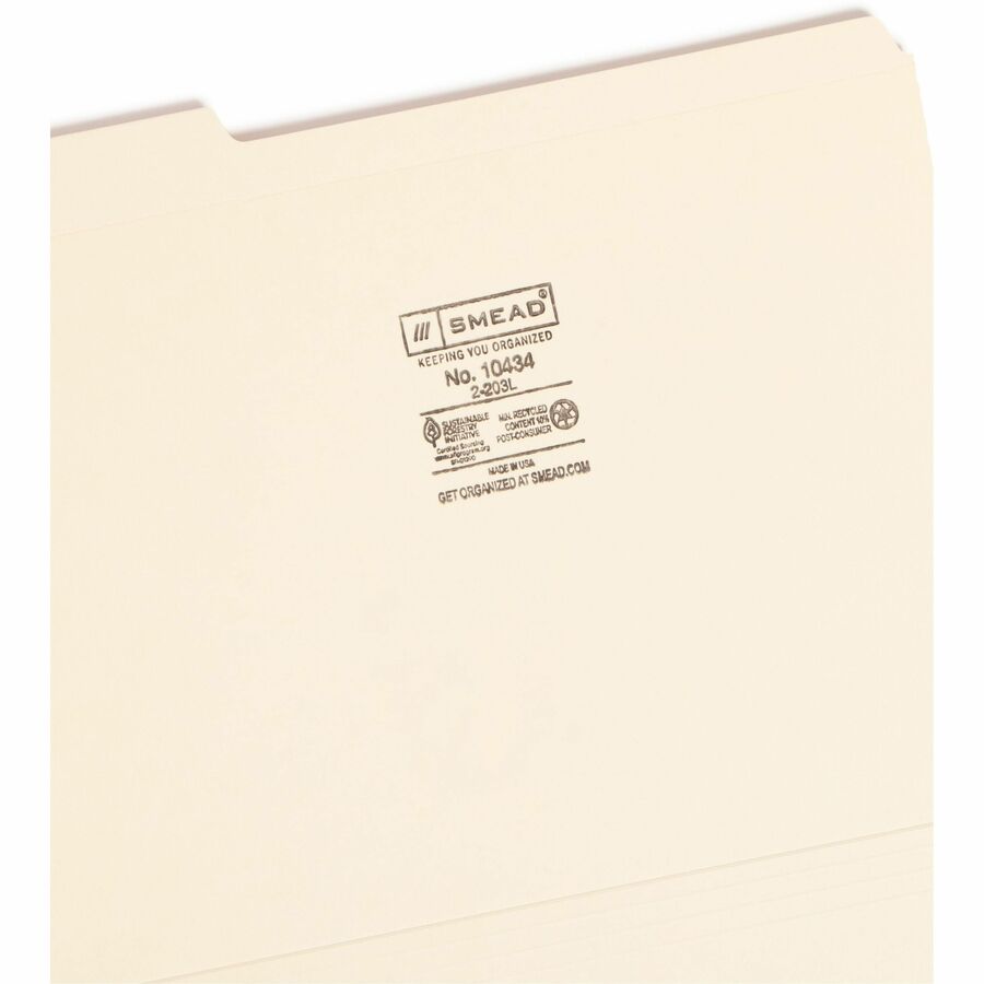 Smead 1/3 Tab Cut Letter Recycled Top Tab File Folder - 8 1/2" x 11" - Top Tab Location - Assorted Tab Position - 14 pt. - 2 Plys - Manila - Reinforced - 10% Recycled - 100 / Box