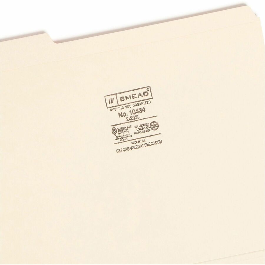 Smead 1/3 Tab Cut Letter Recycled Top Tab File Folder - 8 1/2" x 11" - Top Tab Location - Assorted Tab Position - 14 pt. - 2 Plys - Manila - Reinforced - 10% Recycled - 100 / Box