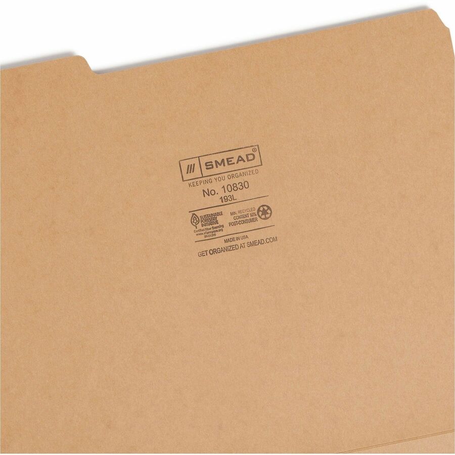Smead 1/3 Tab Cut Letter Recycled Top Tab File Folder - Letter - 8.5" x 11" - 1/3 Tab Cut - 50 / Box - 17pt. - Kraft