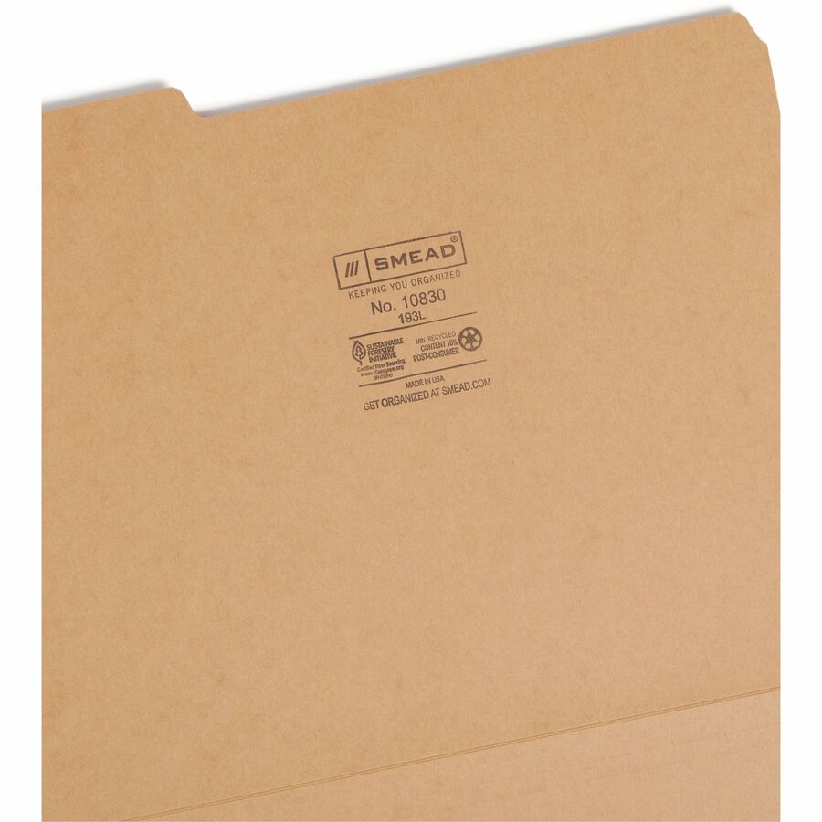 Smead 1/3 Tab Cut Letter Recycled Top Tab File Folder - Letter - 8.5" x 11" - 1/3 Tab Cut - 50 / Box - 17pt. - Kraft