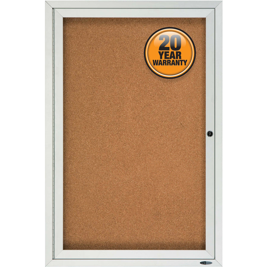 Quartet Enclosed Cork Bulletin Board, 36" x 24", Brown Cork Surface, Hinged Swing Door, Shatterproof Acrylic Glass, Weather & Water Resistant, Locking Silver Aluminum Frame, 1 Each