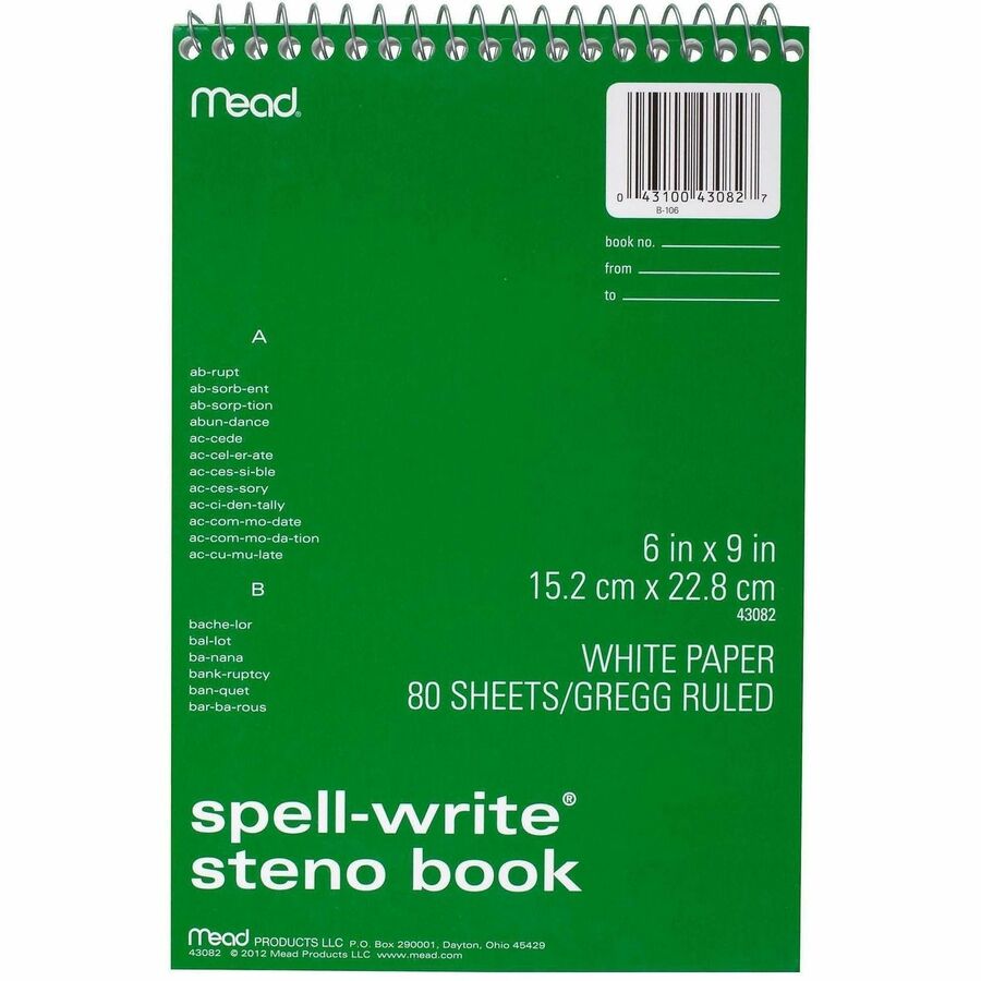 Mead Spell-Write Steno Book - 80 Sheets - 6" x 9" Sheet Size - White Paper - 1 Each