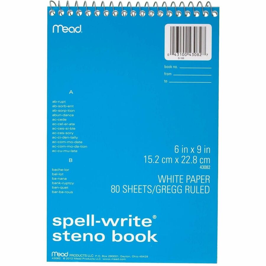 Mead Spell-Write Steno Book - 80 Sheets - 6" x 9" Sheet Size - White Paper - 1 Each