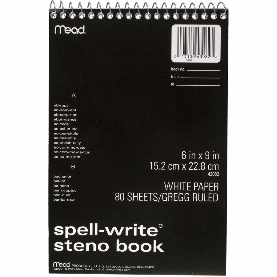 Mead Spell-Write Steno Book - 80 Sheets - 6" x 9" Sheet Size - White Paper - 1 Each