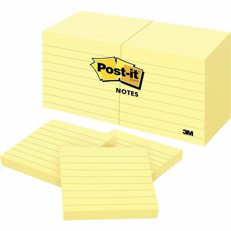 Post-it&reg; Notes Original Lined Notepads - 1200 - 3" Flag/Note Width x 3" Flag/Note Length - Square - 100 Sheets per Pad - Ruled - Yellow - Paper - Removable - 1 Pack