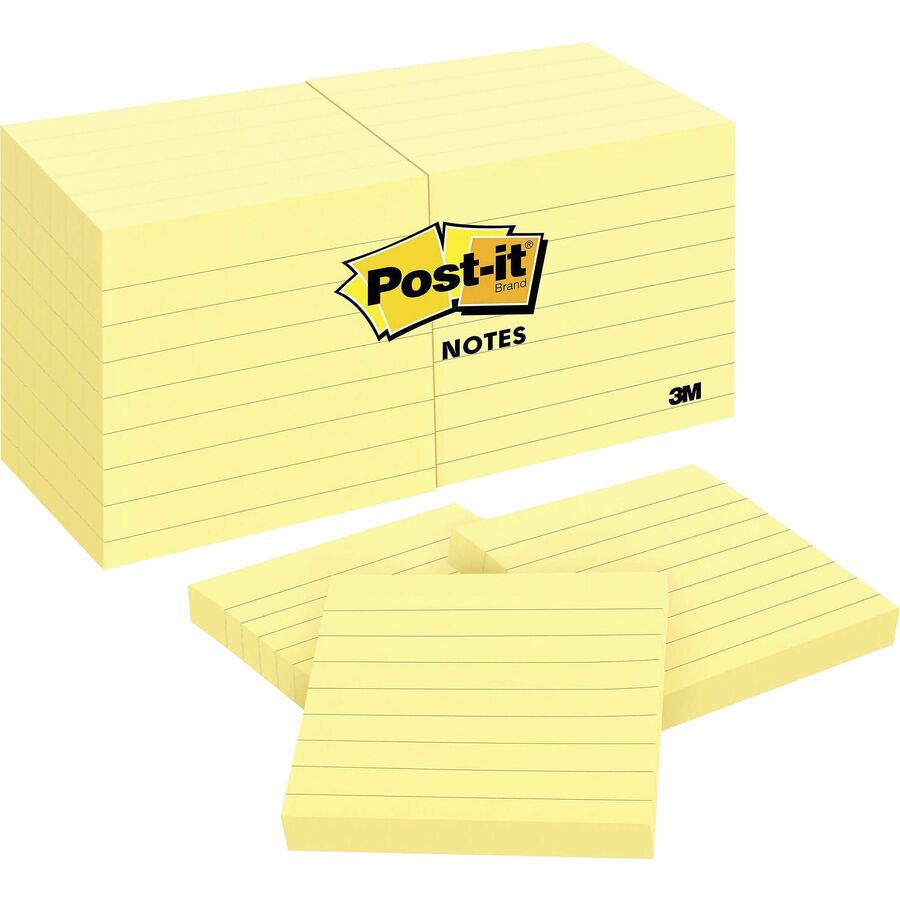 Post-it&reg; Notes Original Lined Notepads - 1200 - 3" Flag/Note Width x 3" Flag/Note Length - Square - 100 Sheets per Pad - Ruled - Yellow - Paper - Removable - 1 Pack