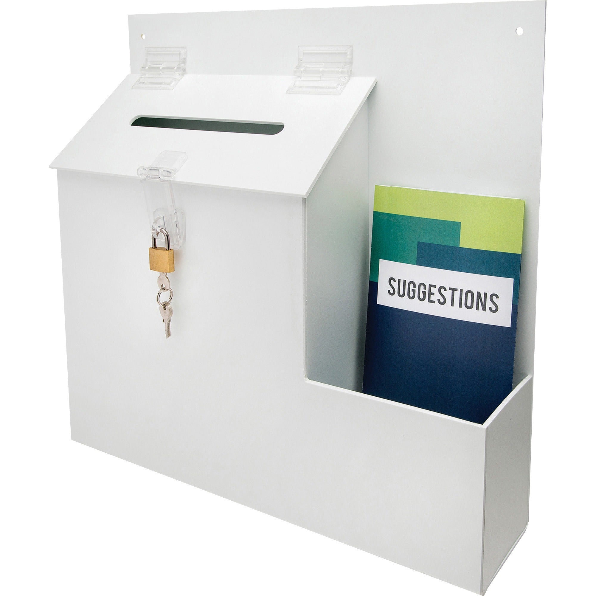 External Dimensions: 13.8" Width x 3.6" Depth x 13" Height - Key Lock Closure - Plastic - White - For Suggestion Card - 1 Each