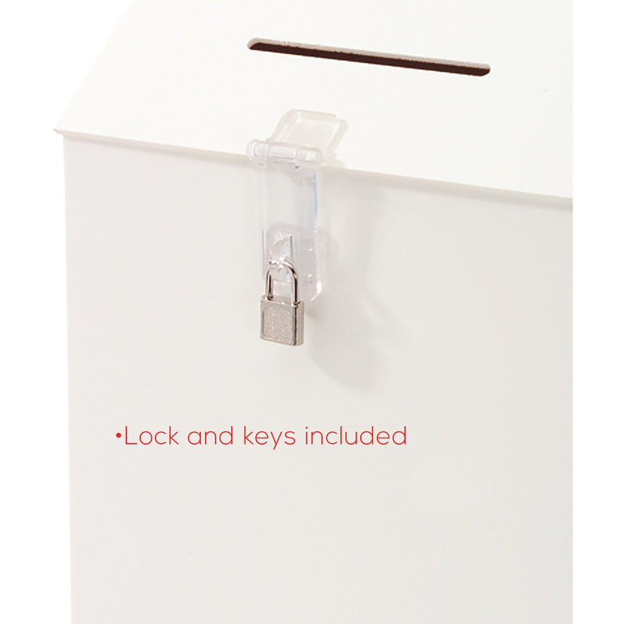 External Dimensions: 13.8" Width x 3.6" Depth x 13" Height - Key Lock Closure - Plastic - White - For Suggestion Card - 1 Each
