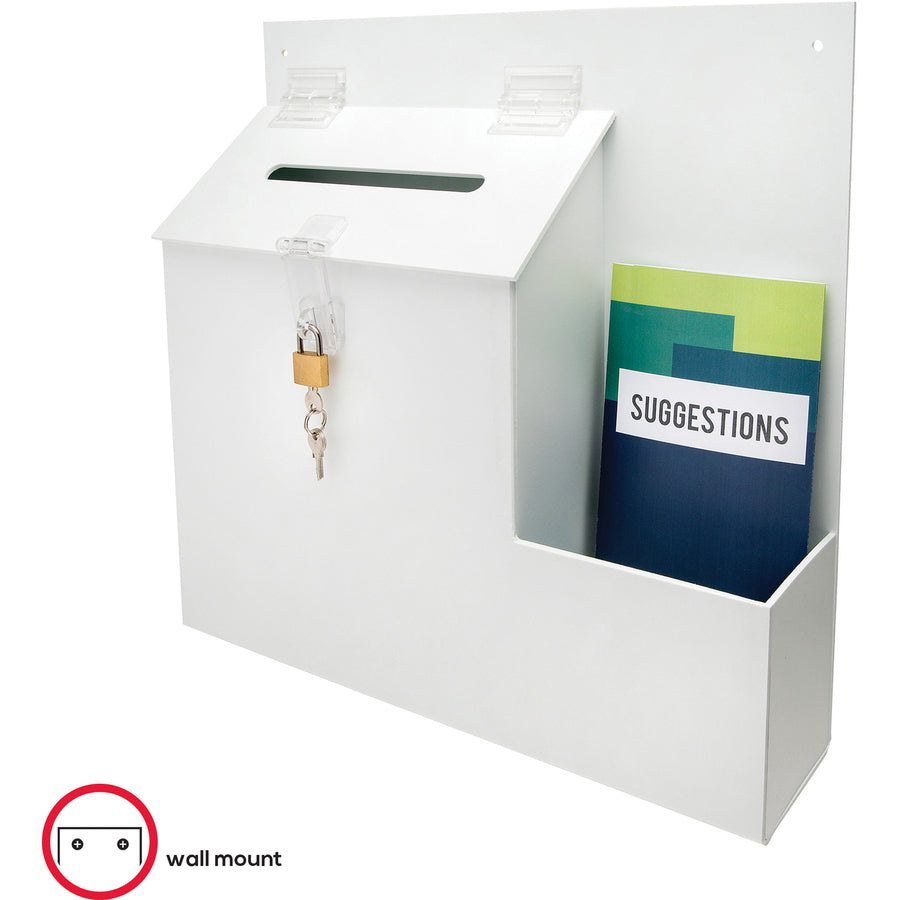 External Dimensions: 13.8" Width x 3.6" Depth x 13" Height - Key Lock Closure - Plastic - White - For Suggestion Card - 1 Each