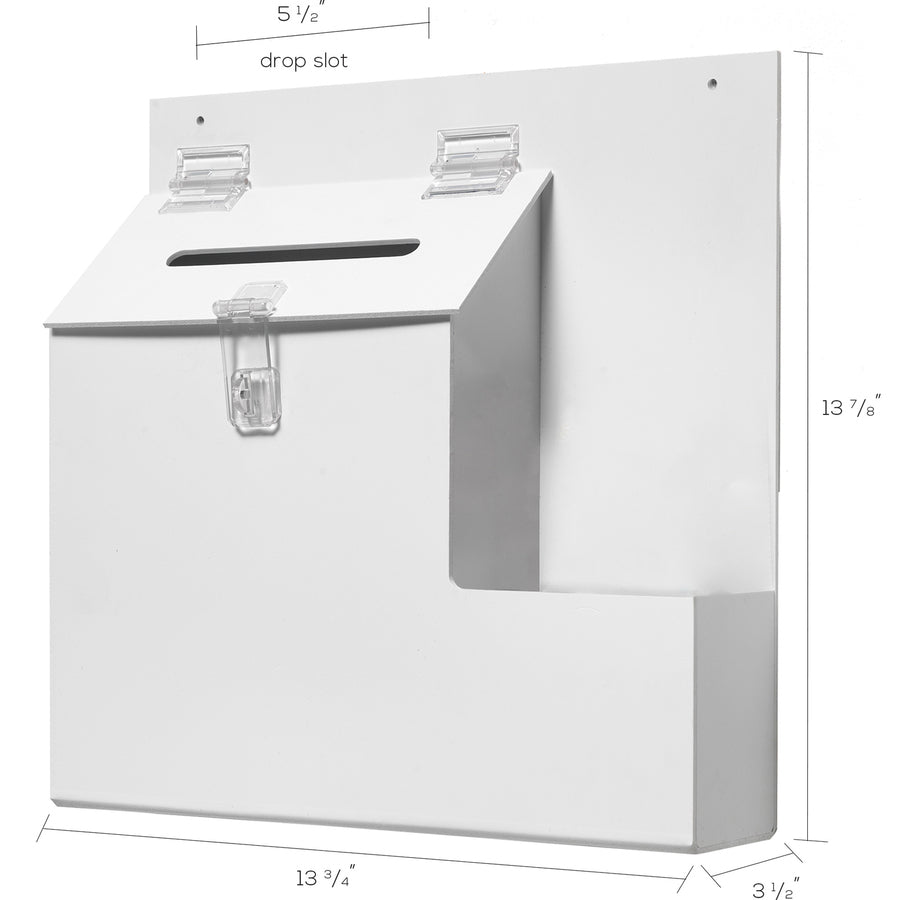 External Dimensions: 13.8" Width x 3.6" Depth x 13" Height - Key Lock Closure - Plastic - White - For Suggestion Card - 1 Each