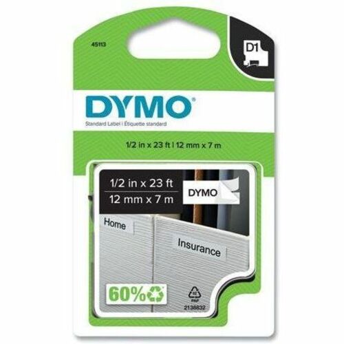 Dymo D1 Electronic Tape Cartridge, 1/2" x 23 ft, Removable Adhesive, White with Black Text, Easy Peel, Durable, 1 Each
